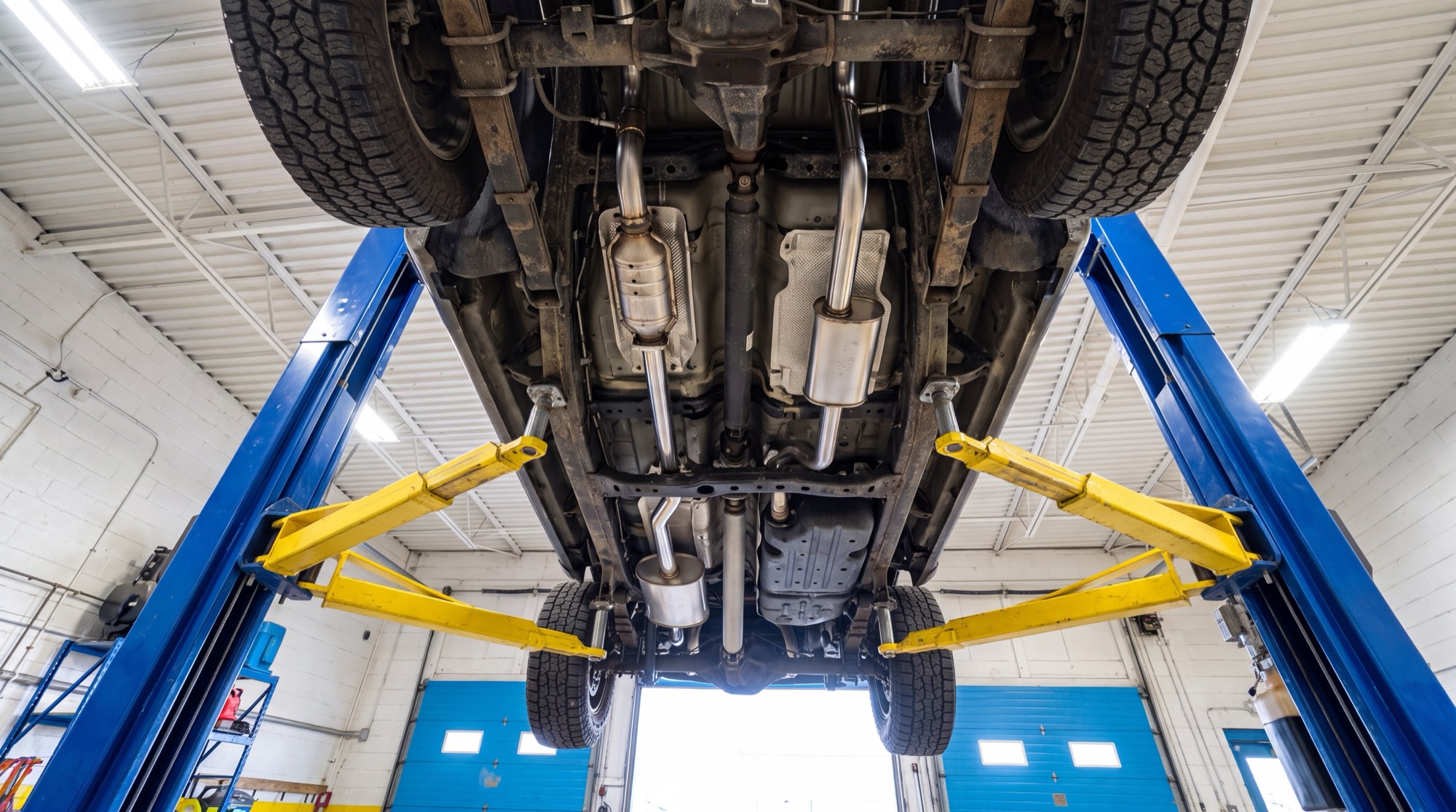 Looking straight up at the underside of a pickup raised on a two-post lift, exhaust running the length of the frame.
